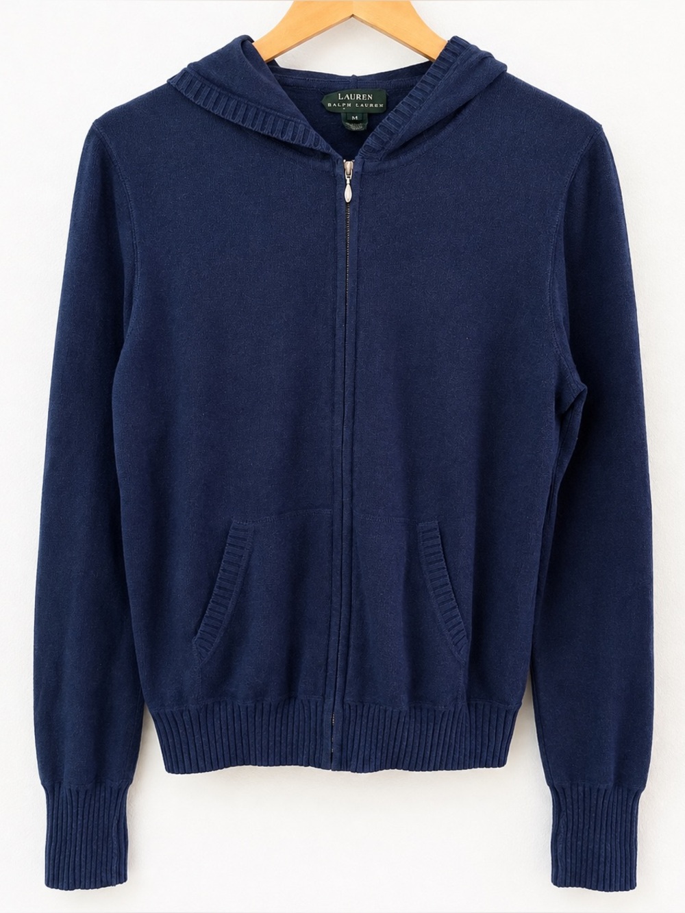 Lauren Ralph Lauren Hooded Zip Cardigan Sweater Navy Blue Cotton Women’s Med